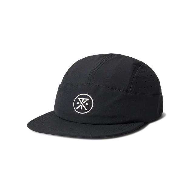 Roark Alta Elite Run Hat Strapback Hat in Black with a white logo on a white background