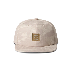 Roark Bless Up Trail Hat Strapback Hat in Fossil with a brown patch on a white background