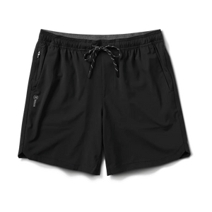Roark Serrano 7" Active Stretch Shorts in Black with drawstring on a white background