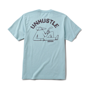 Light blue Roark Unhustle Premium Tee with 'Unhustle' graphic on the back against a white background