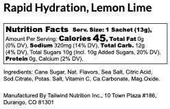 Tailwind Nutrition Rapid Hydration in Lemon Lime nutritional information.