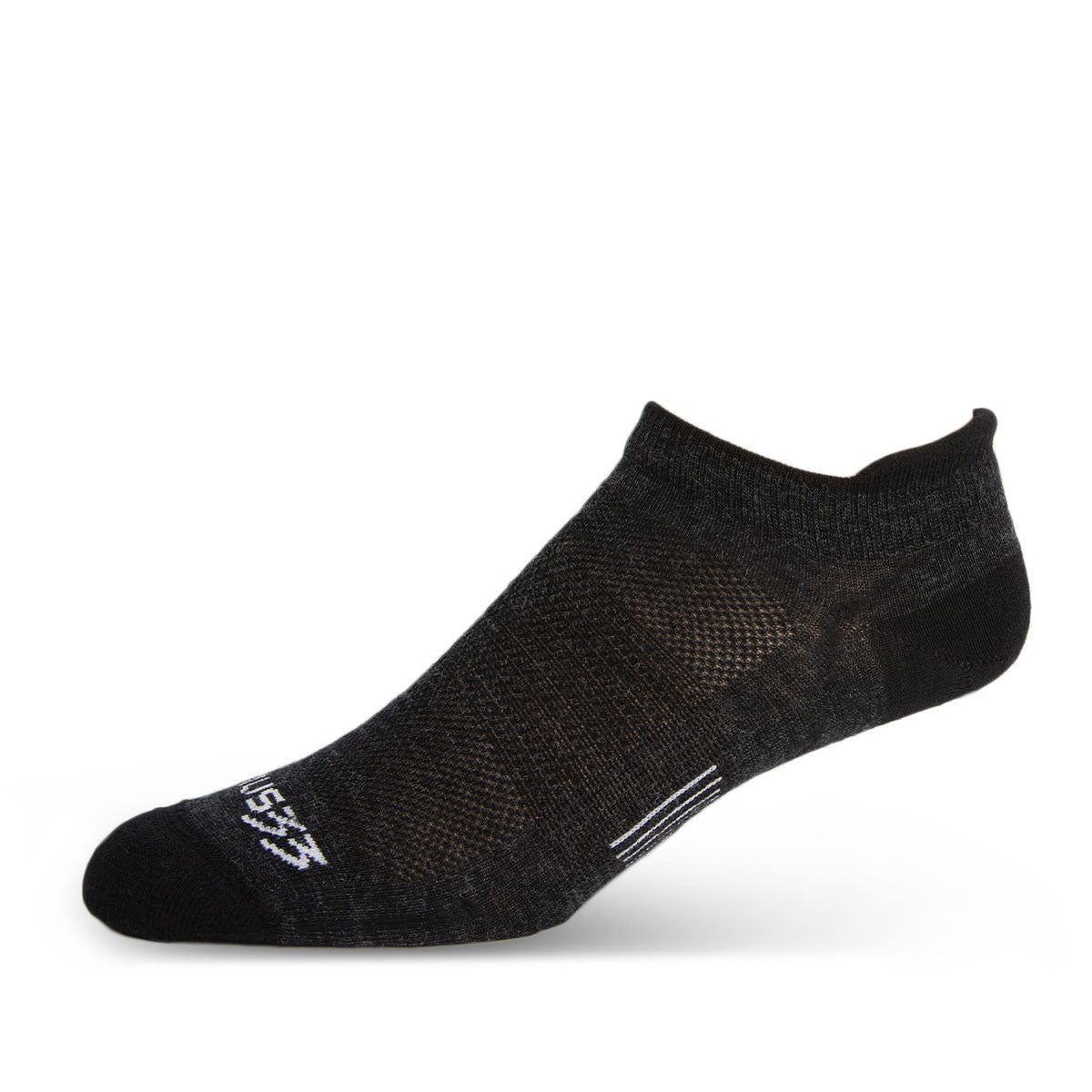 Minus33 Micro Liner No Show Tab Merino Wool Socks in Black on a neutral background.