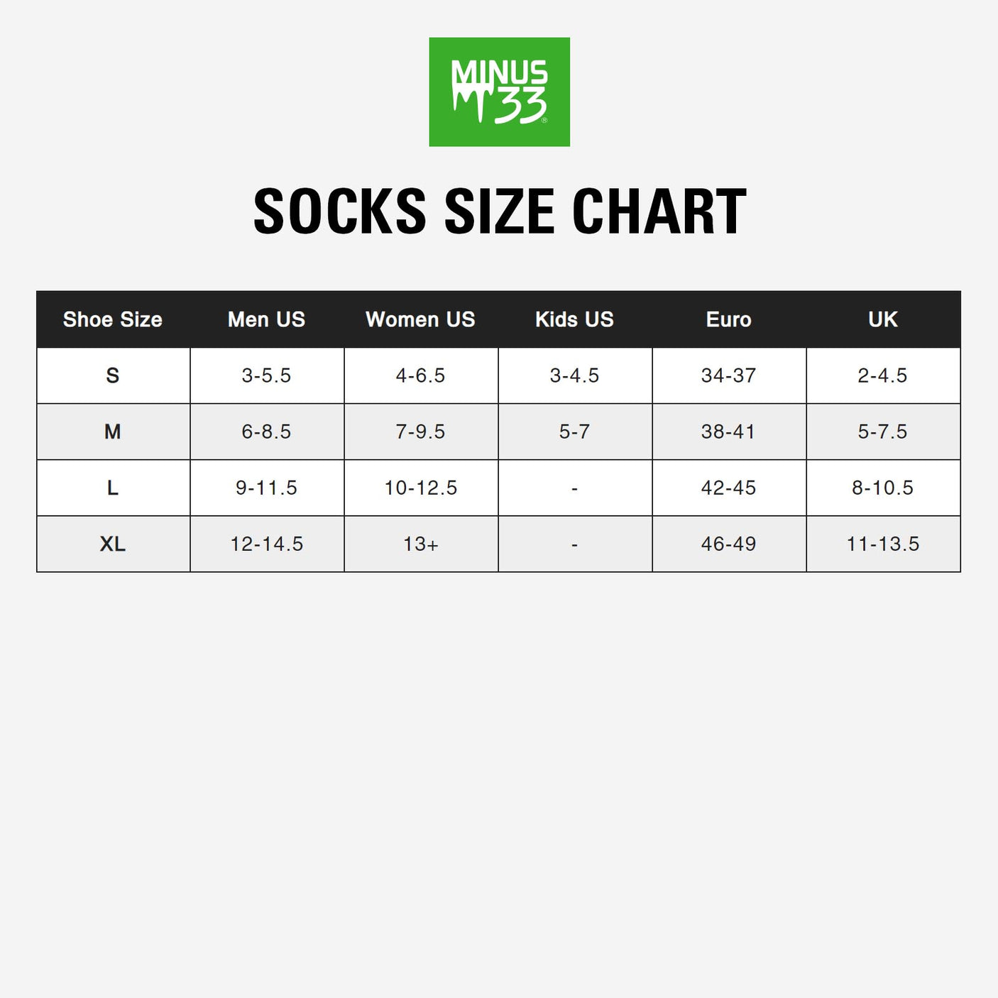 Minus33 Micro Liner No Show Tab Merino Wool Socks size chart.