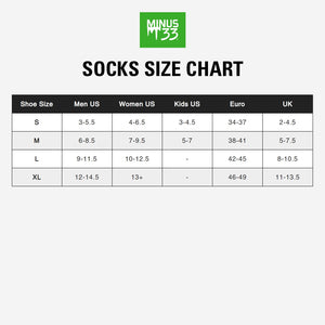 Minus33 Micro Liner No Show Tab Merino Wool Socks size chart.