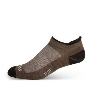 Minus33 Micro Liner No Show Tab Merino Wool Socks in Coffee on a neutral background.