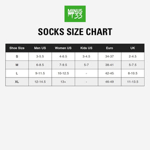 Minus33 Mountain Heritage merino wool sock sizing chart.