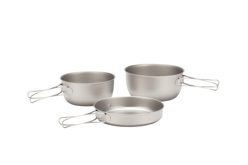 Snow Peak 3 Piece Titanium Cookset on a neutral background.