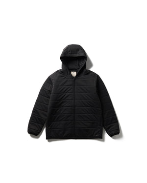 Snow Peak Flexible Insulated Zip Up Hoodie in Black with a hood on a white background
