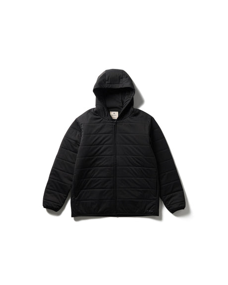 Snow Peak Flexible Insulated Zip Up Hoodie in Black with a hood on a white background