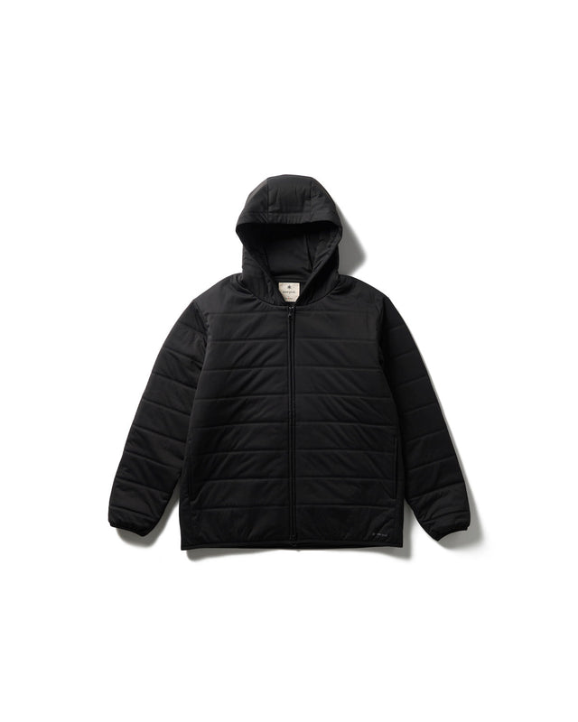 Snow Peak Flexible Insulated Zip Up Hoodie in Black with a hood on a white background