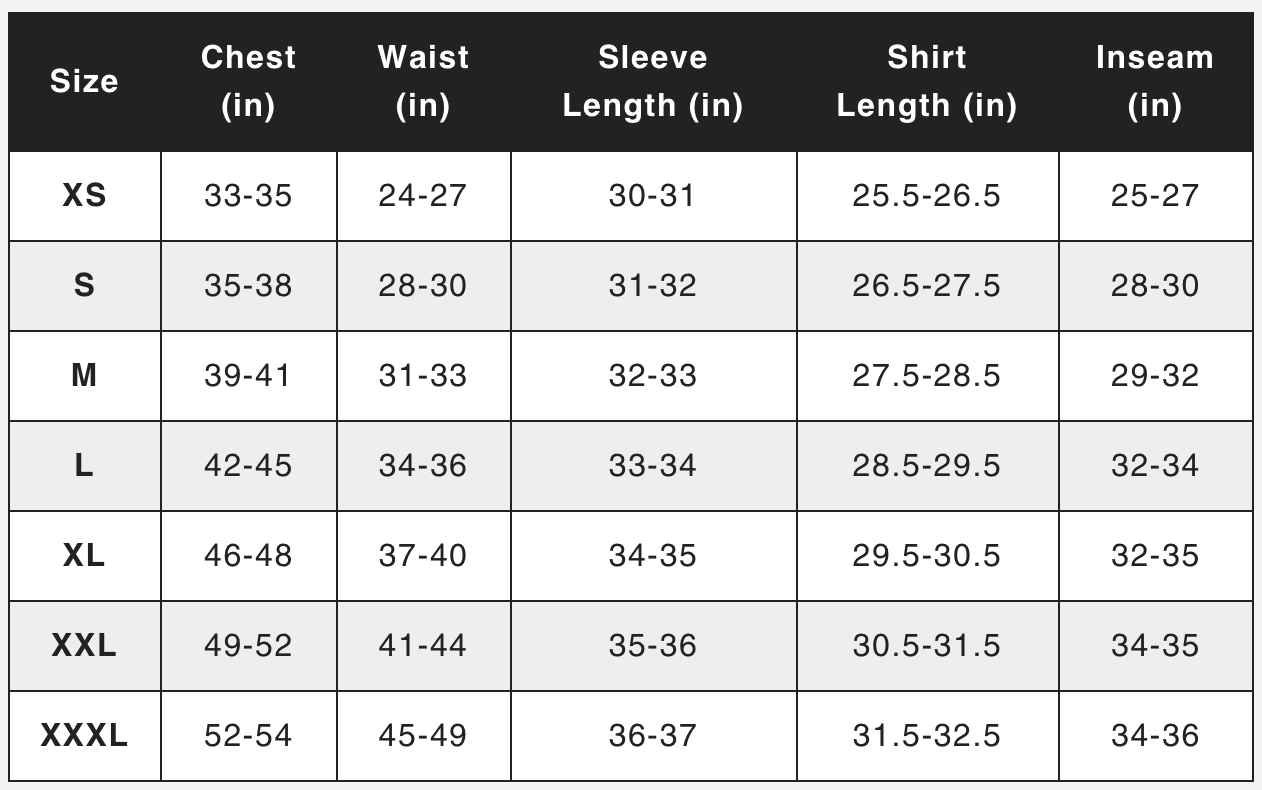 Minus33 Algonquin Merino wool shirt sizing chart.