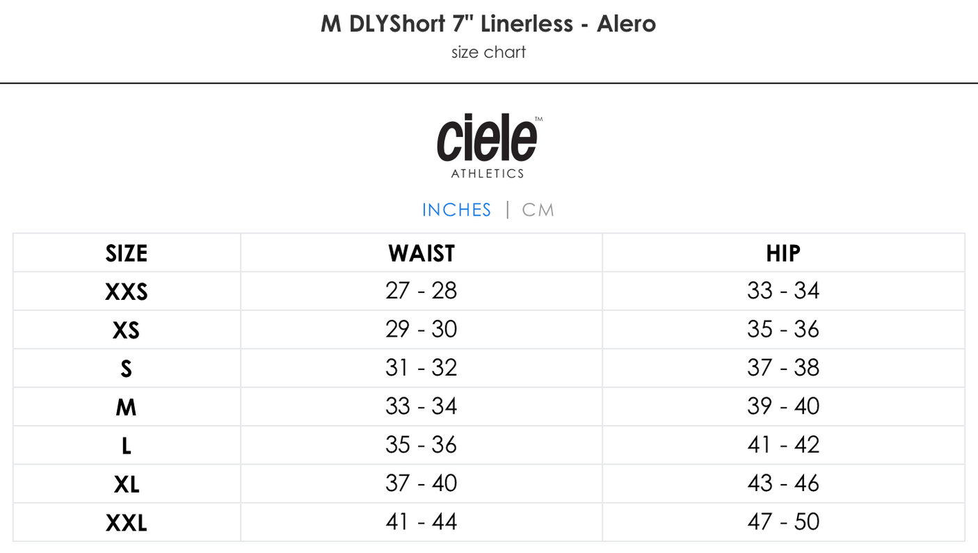 Ciele Athletics M DLYShort 7" Linerless size chart.