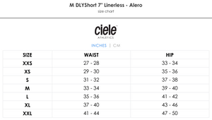 Ciele Athletics M DLYShort 7" Linerless size chart.