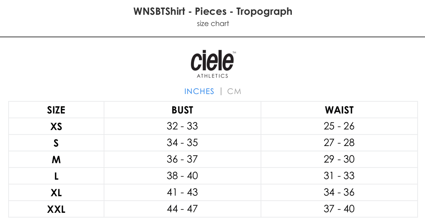 Ciele Athletics WNSBTShirt - Pieces size chart.