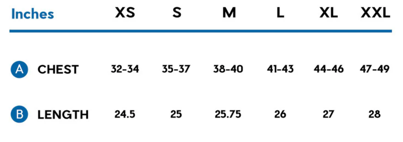 Janji W's Zephyrunner Wind Shell size chart.