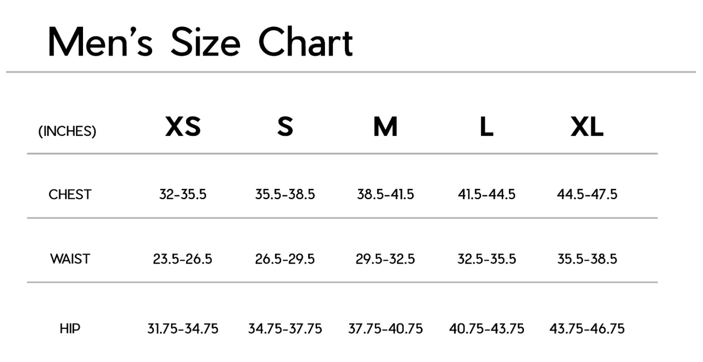 Janji Men's 8" Trail Half Tight size chart.