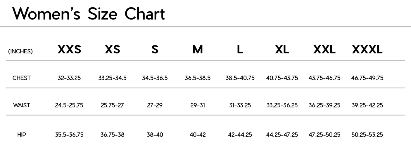 Janji W's Run All Day Long Sleeve size chart.