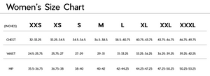 Janji W's Run All Day Long Sleeve size chart.