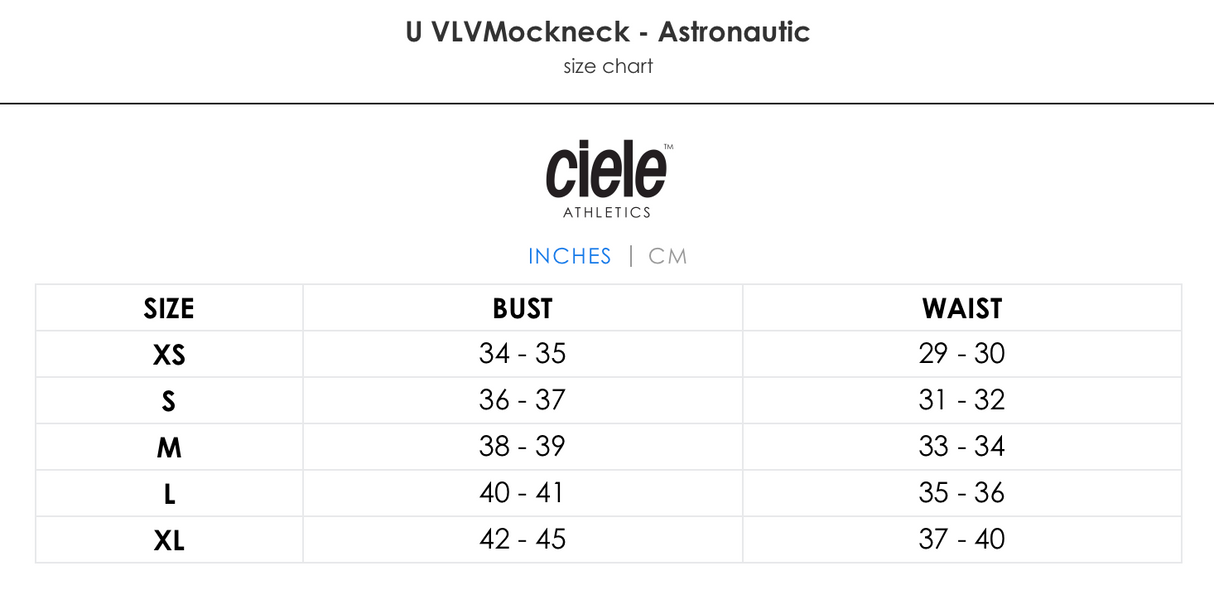 Ciele Athletics Unisex VLVMockneck cold weather running sweatshirt in Astronautic size chart.