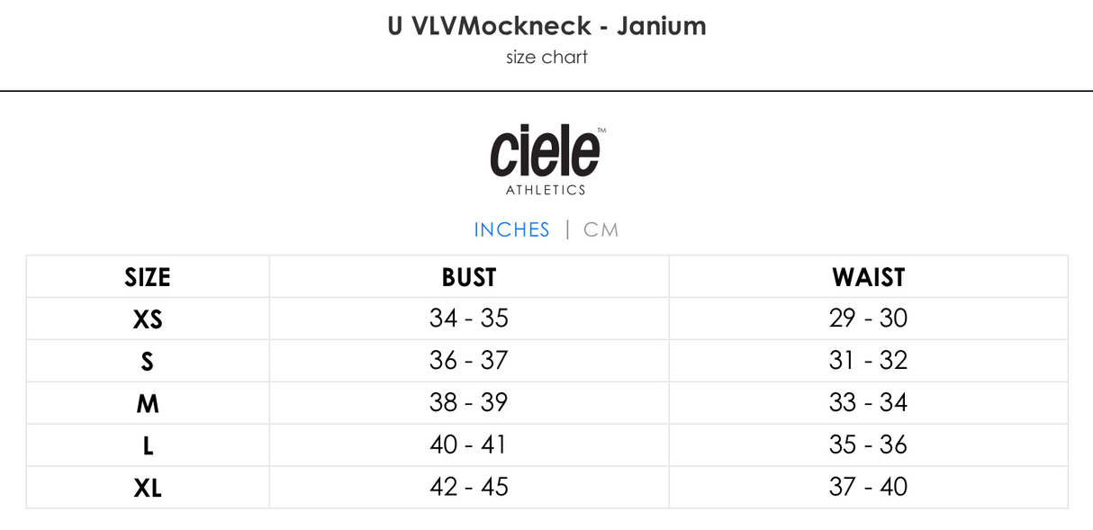 Ciele Athletics Unisex VLVMockneck cold weather running sweatshirt in Janium size chart.