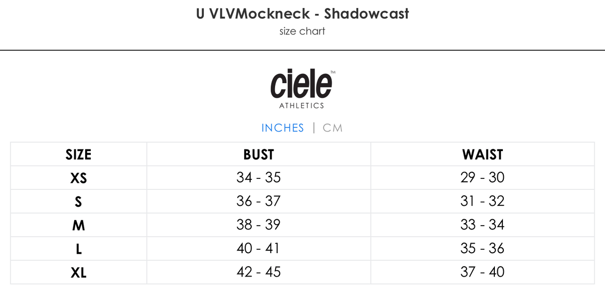 Ciele Athletics Unisex VLVMockneck cold weather running sweatshirt in Shadowcast size chart.