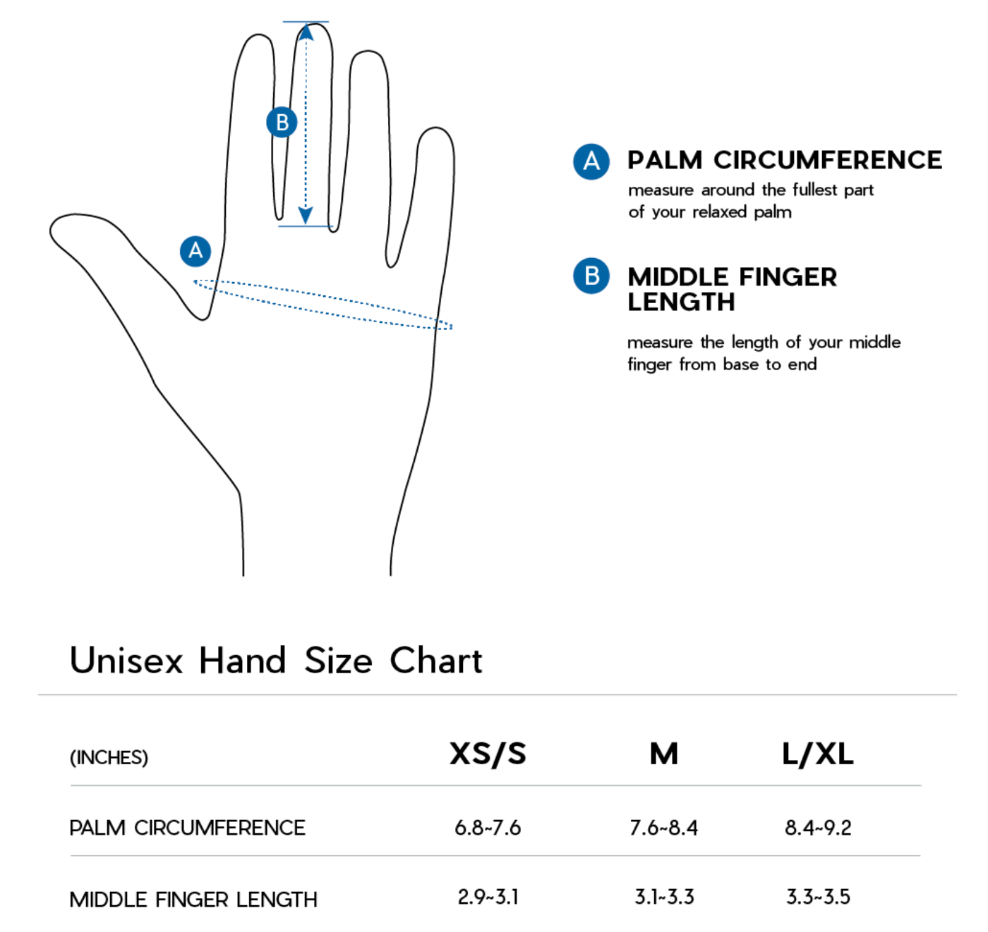 Janji Revo Merino Liner Gloves size chart.