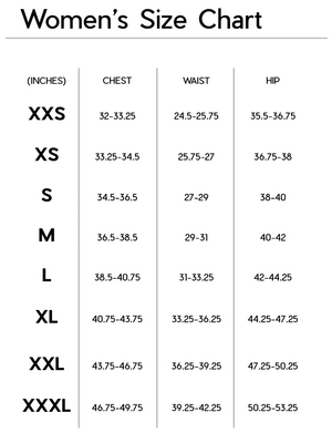 Janji women's Aurora Fleece Tight size chart.