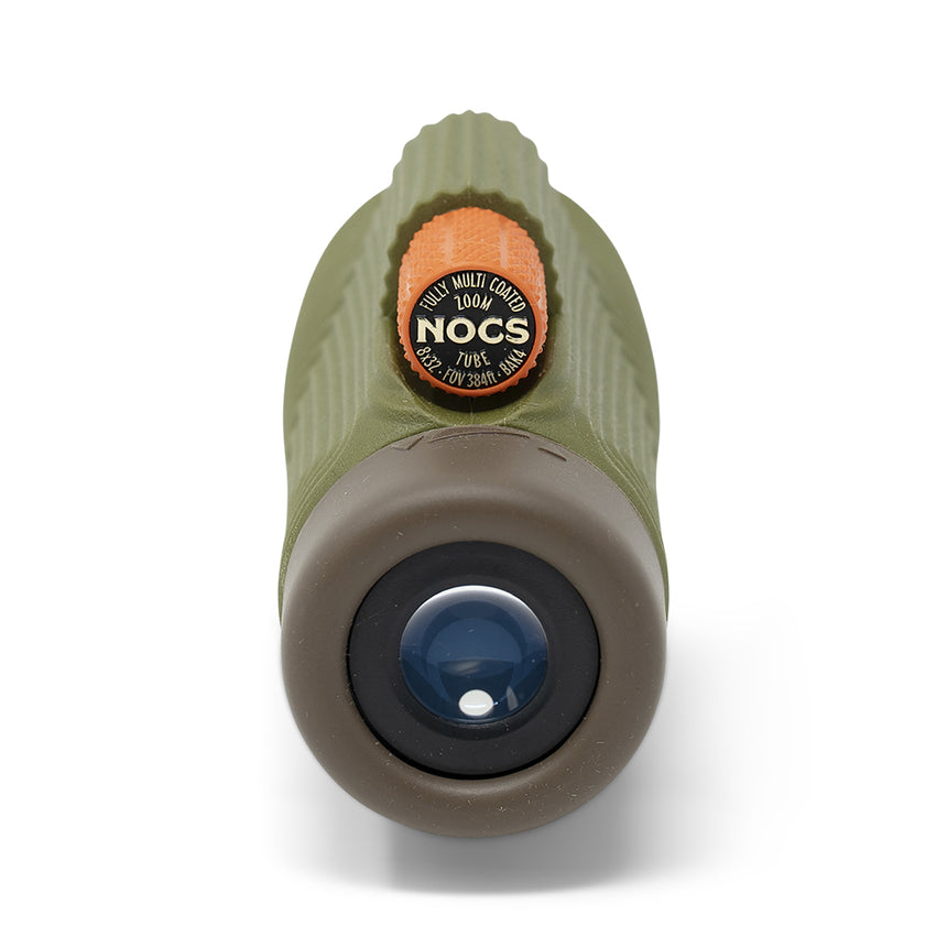 Nocs Provisions Zoom Tube 8x32 Monocular in Juniper II on a neutral background showing the eye piece.