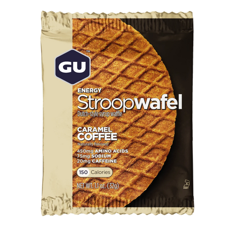 Gu Energy Stroopwafel energy waffle in Caramel Coffee on a transparent background.