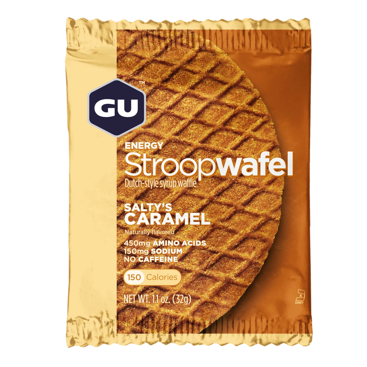 Gu Energy Stroopwafel energy waffle in Salty's Caramel on a transparent background.