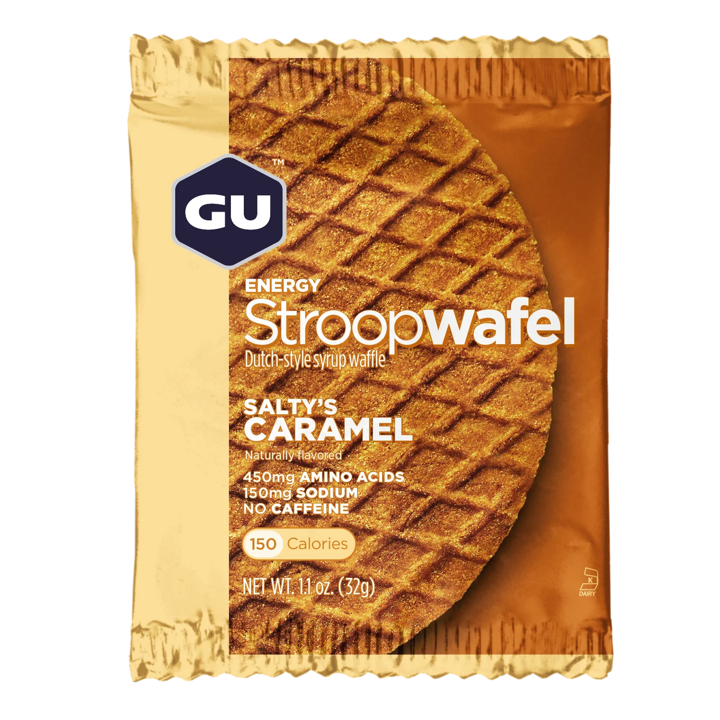 Gu Energy Stroopwafel energy waffle in Salty's Caramel on a transparent background.