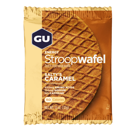 Gu Energy Stroopwafel energy waffle in Salty's Caramel on a transparent background.