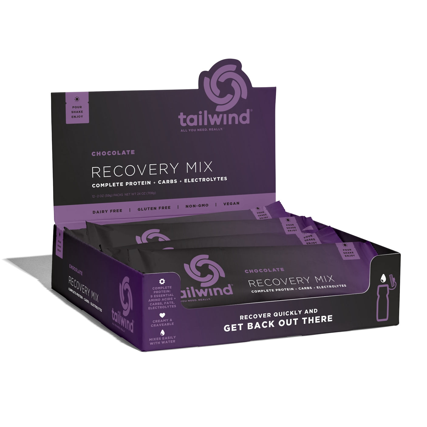 Tailwind Nutrition Recovery Mix in Chocolate on a neutral background.