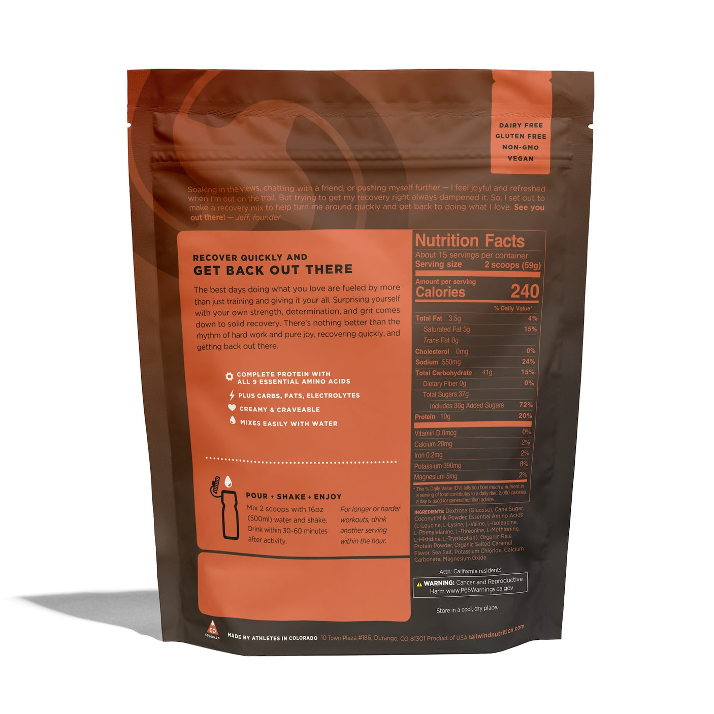 Tailwind Nutrition Recovery Mix in Salted Caramel on a neutral background.