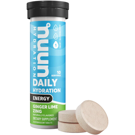 Nuun Energy in Ginger Lime Zing on a neutral background.