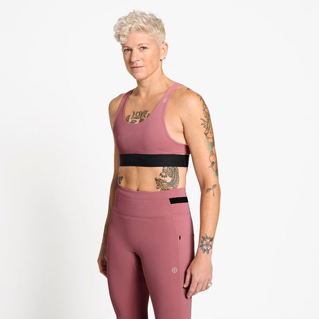 Ciele Athletics W QCKBra women's running bra in Deco Rose worn by a woman on a neutral background.