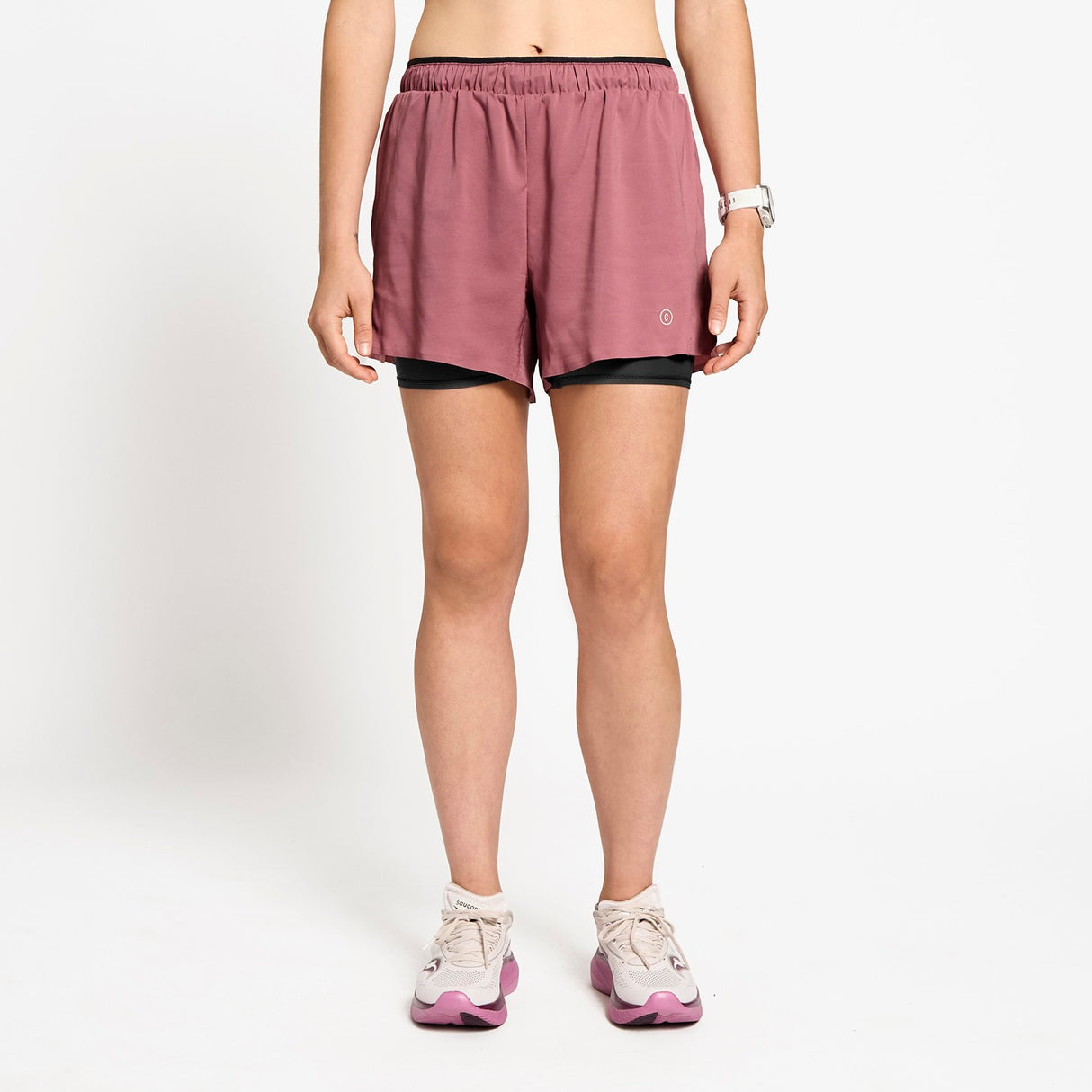 Ciele Athletics W DLYShort 4" Long Brief women's running shorts in Deco Rose worn by a woman on a neutral background.