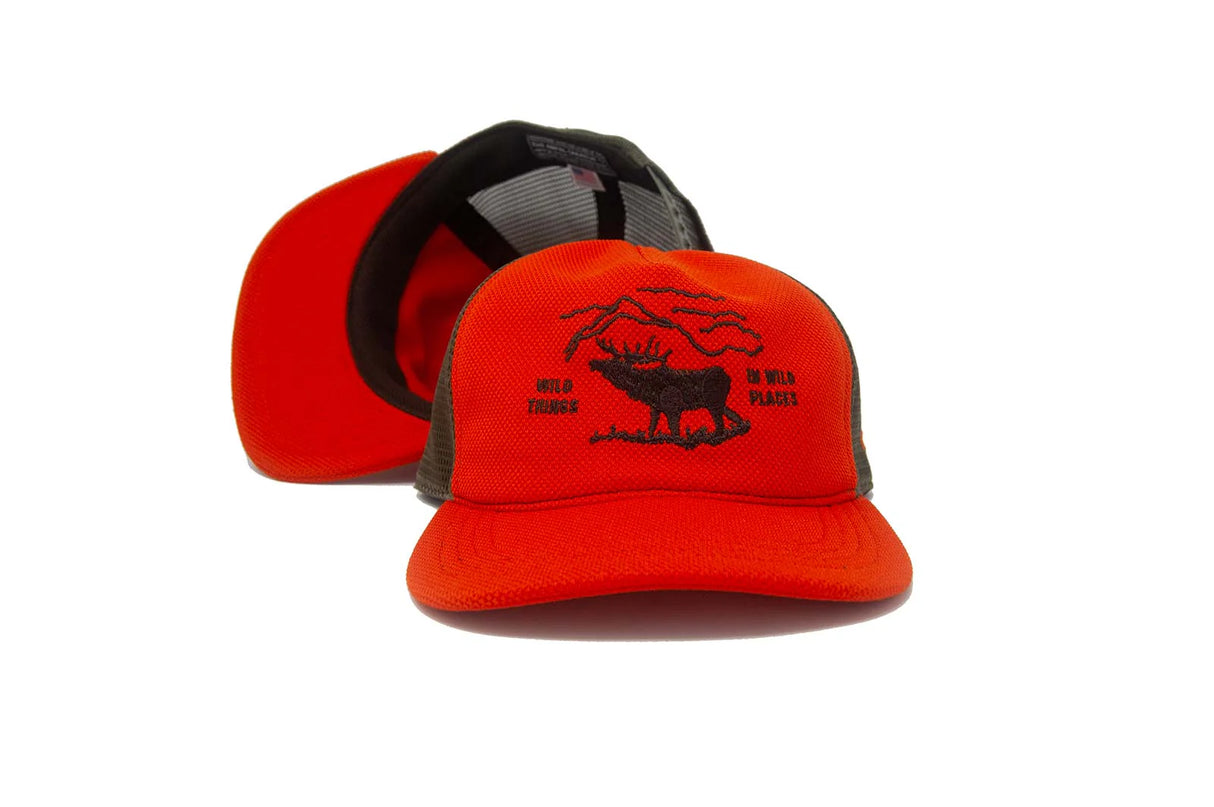 Red Ampal Creative Wild Places Trucker Hat with black graphic design on a white background
