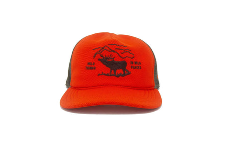 Orange Ampal Creative Wild Places Trucker Hat with black graphic design on a white background