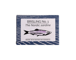 Packaging of Fangst Nordic Smoked Sardine with Heather & Chamomile with fish illustration on a white background