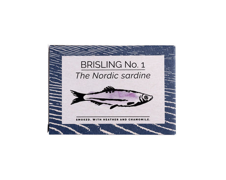 Packaging of Fangst Nordic Smoked Sardine with Heather & Chamomile with fish illustration on a white background