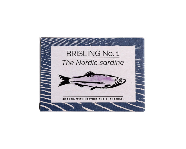Packaging of Fangst Nordic Smoked Sardine with Heather & Chamomile with fish illustration on a white background