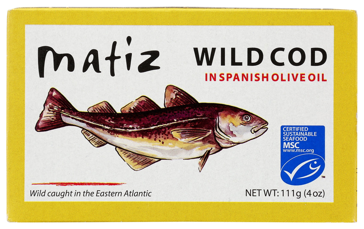 Matiz Wild Cod in Spanish Olive Oil on a neutral background.