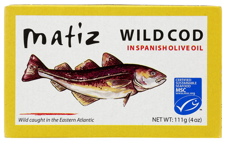 Matiz Wild Cod in Spanish Olive Oil on a neutral background.