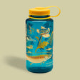 Mustard Beetle Malibu Creek for CalTrout blue Nalgene water bottle with yellow lid and nature-themed design on a beige background