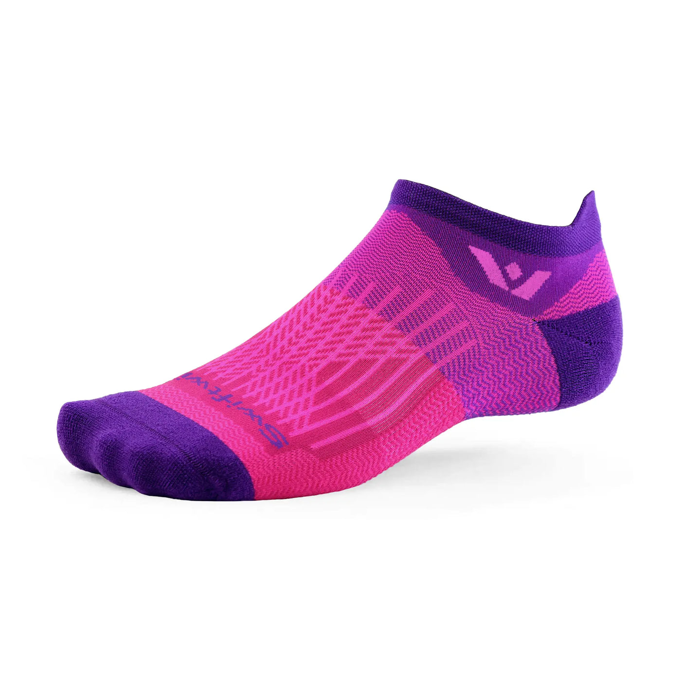 Swiftwick Aspire No Show Tab running socks in Purple Fuchsia on a neutral background.