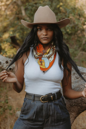 Bandits Creatures of the Night Bandana worn by a woman outdoors.