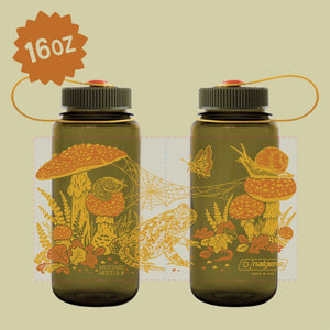 Mustard Beetle Toad & Mushrooms, 16oz Wide Mouth Nalgene Water Bottle on a neutral background.