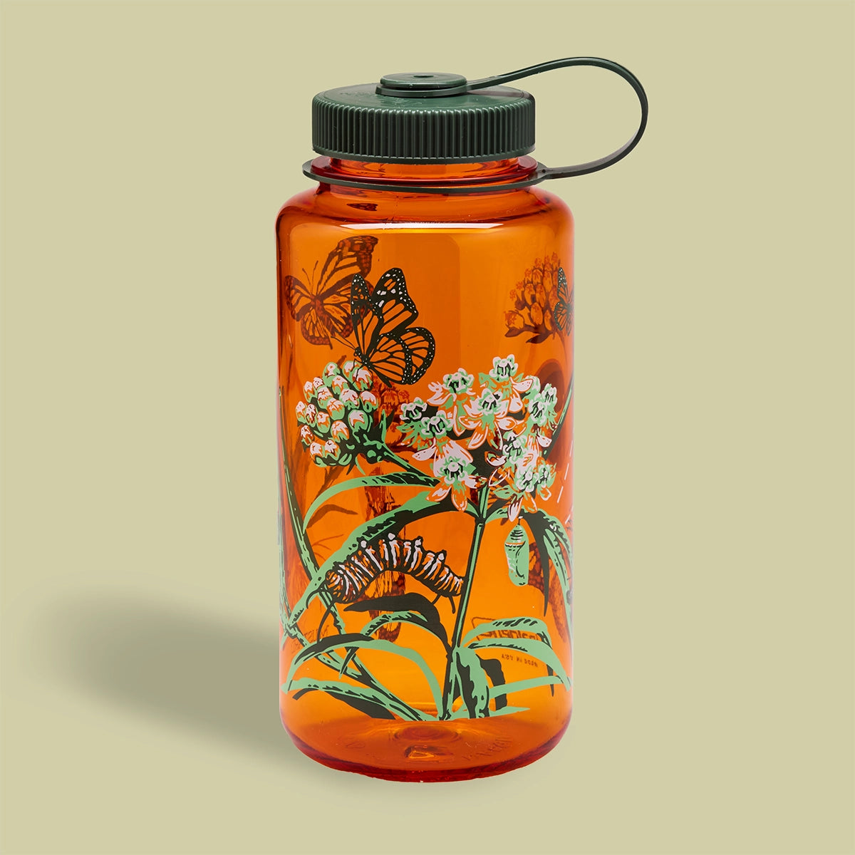 Mustard Beetle Monarch, 32oz Nalgene Water Bottle in orange on a beige background.