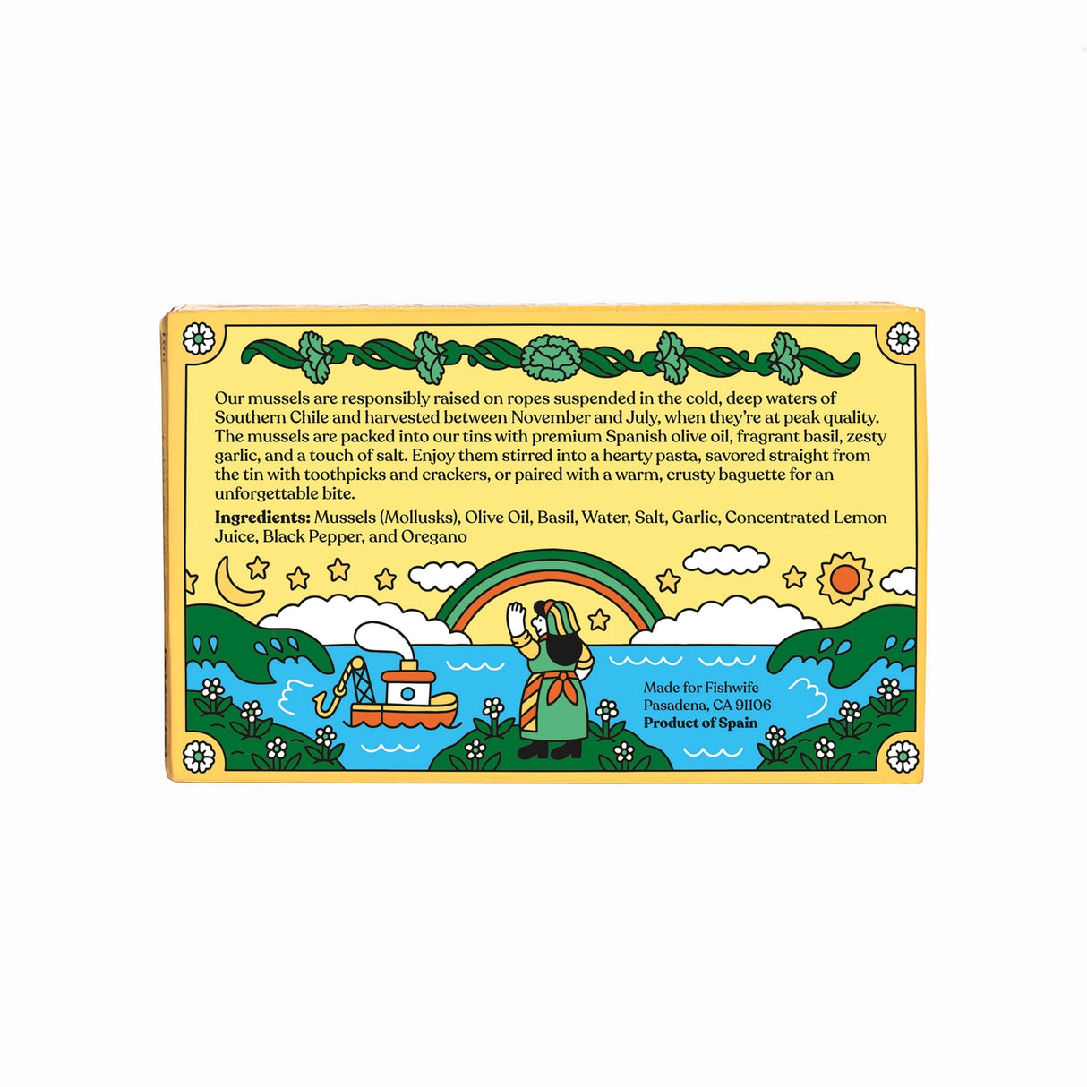 Fishwife Mussels in Basil Pesto decorative label with a colorful illustration and text on a white background